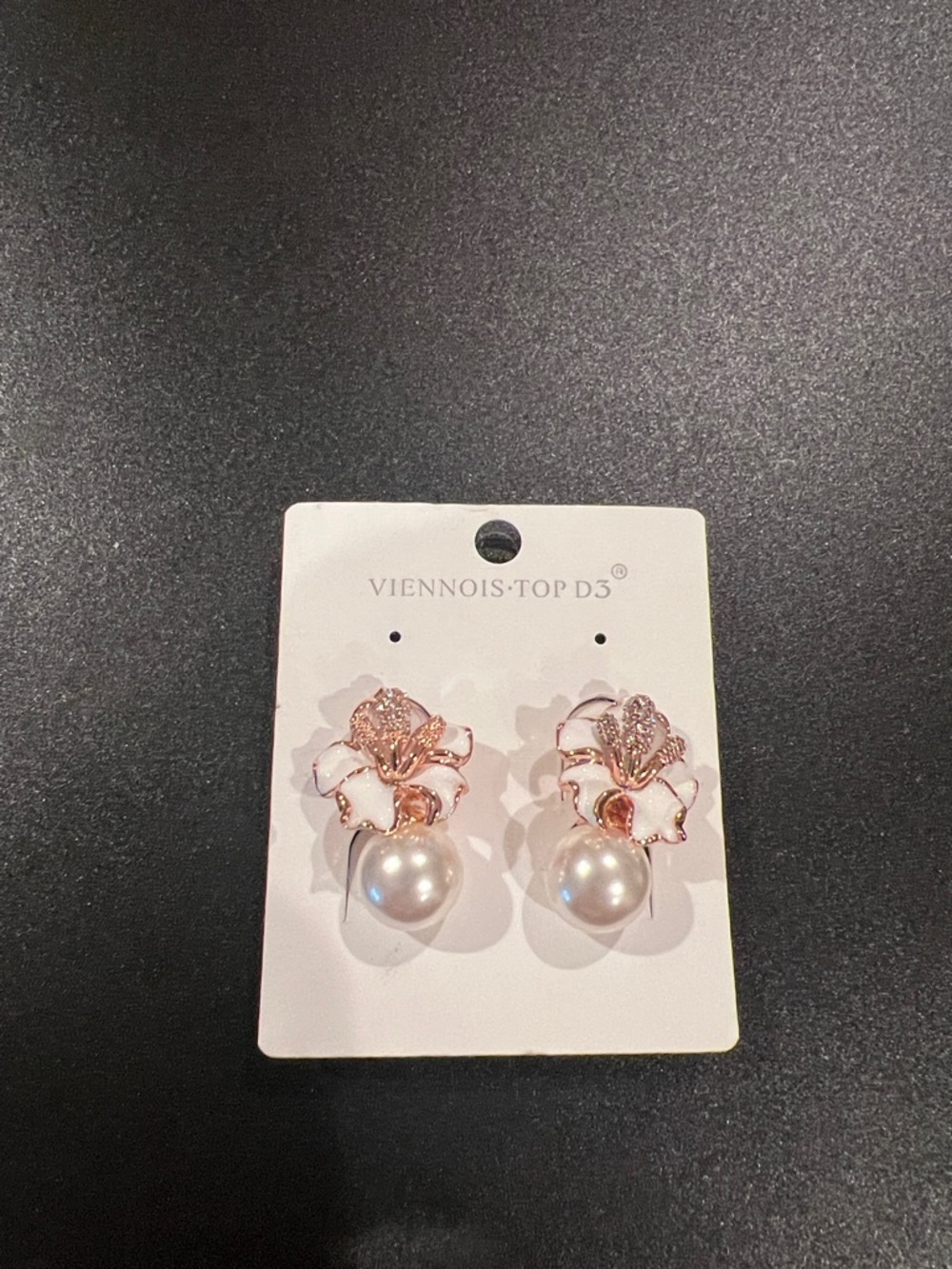 Rose Gold Flower Pearl Drop Earrings - White Pearls